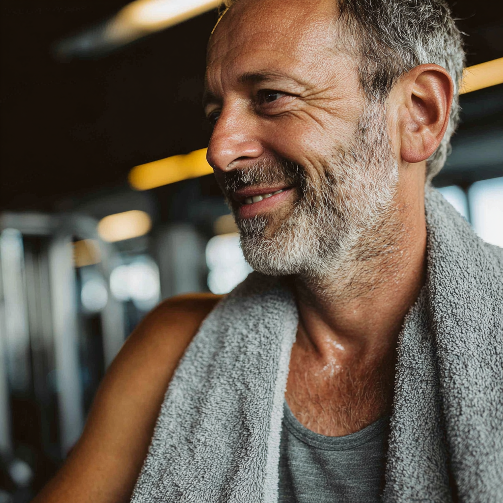 Чоловік 58 років відпочиває після тренування в спортзалі, усміхається та тримає рушник