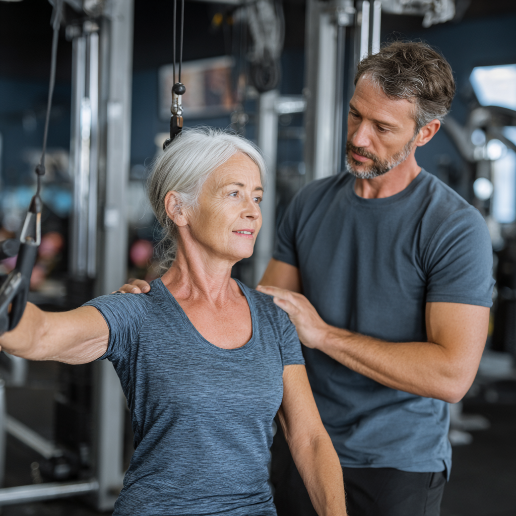 Тренер консультує жінку 52 років щодо правильної техніки виконання вправ у фітнес-центрі