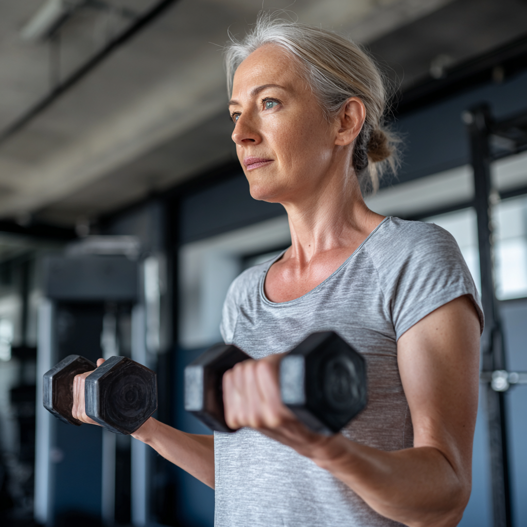 Активна жінка 55 років виконує вправи з гантелями в сучасному фітнес-залі