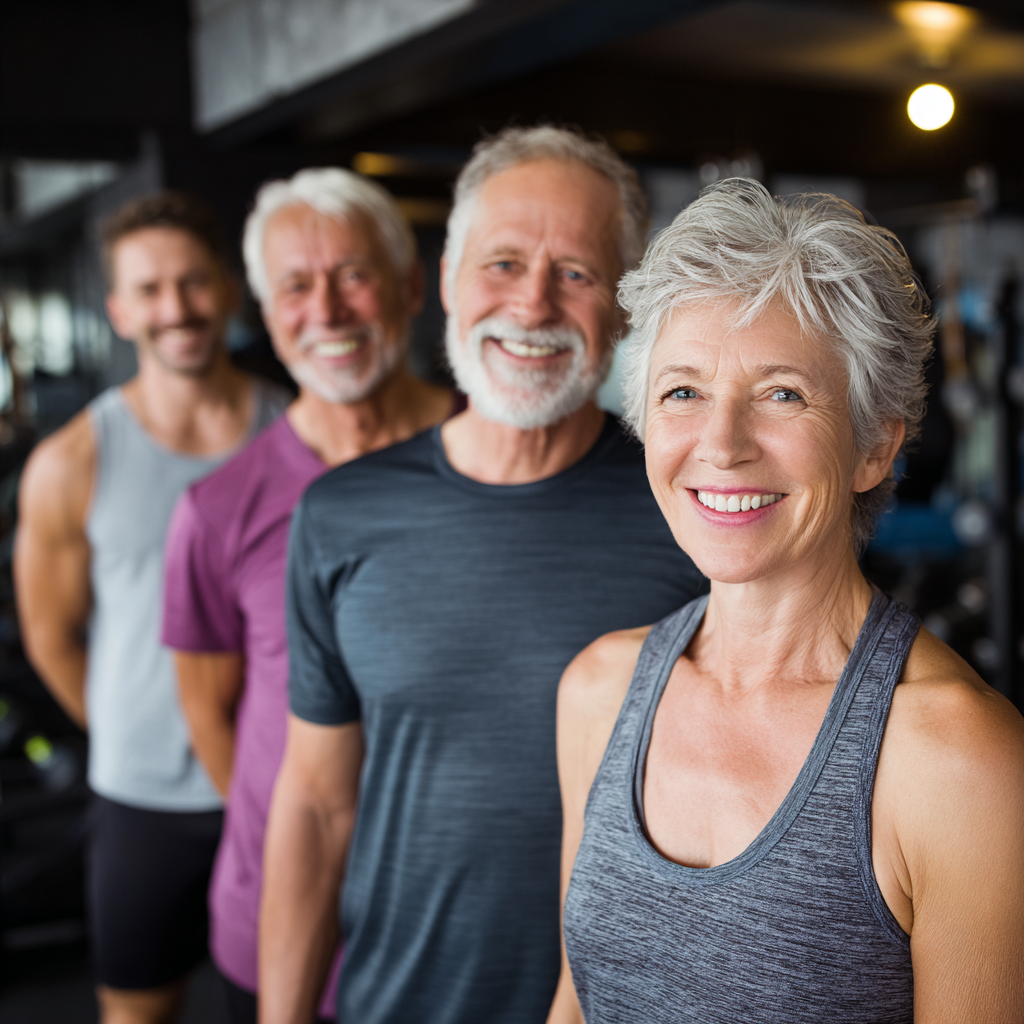 Група людей віком 50-60 років після успішного тренування усміхаються в сучасному фітнес-залі